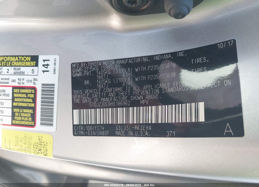 2017 TOYOTA SIENNA LE 7 PASSENGER VIN: 5TDJZ3DC8HS186962
