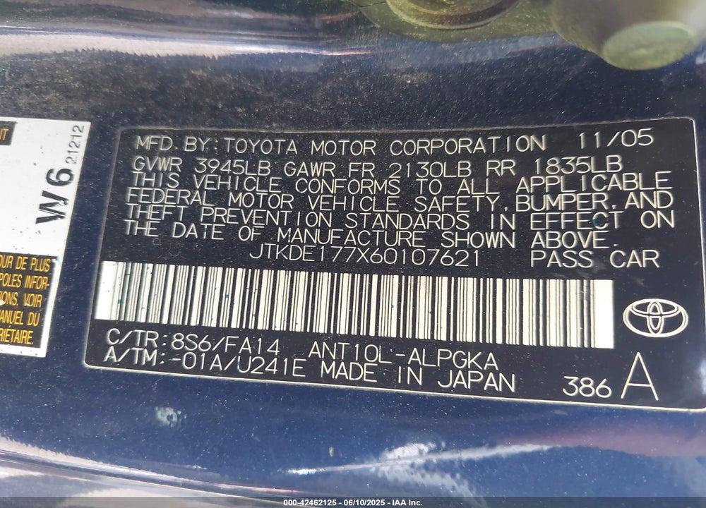 2006 SCION TC VIN: JTKDE177X60107621