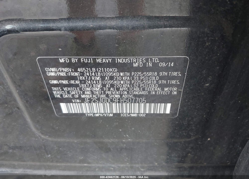 2015 SUBARU FORESTER VIN: JF2SJGDC9FH507705
