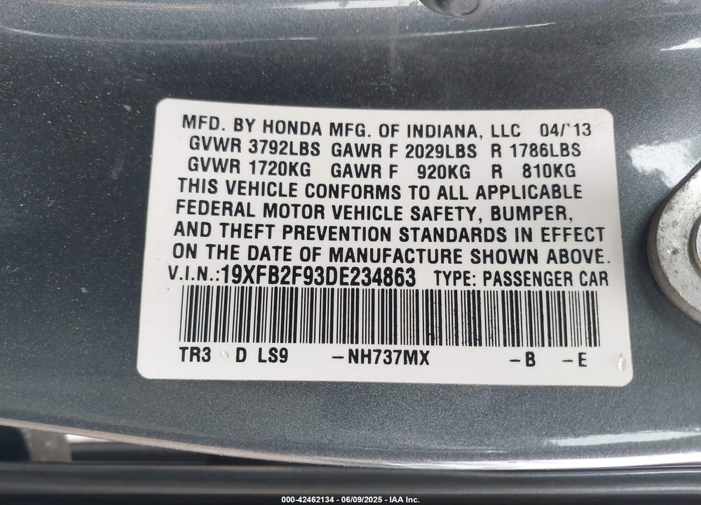 2013 HONDA CIVIC EX-L VIN: 19XFB2F93DE234863