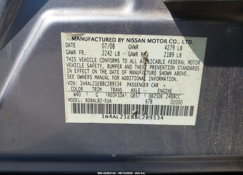 2008 NISSAN ALTIMA 2.5 S VIN: 1N4AL21E88C289534