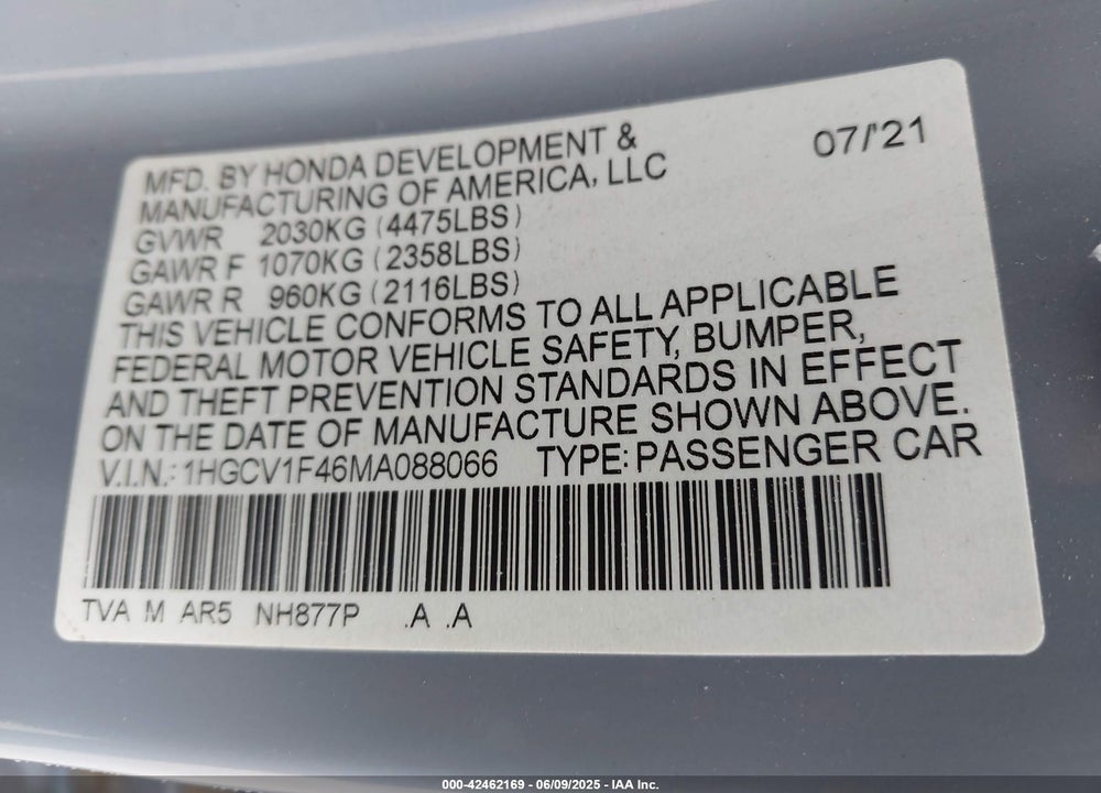 2021 HONDA ACCORD VIN: 1HGCV1F46MA088066
