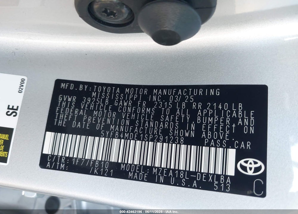 2025 TOYOTA COROLLA VIN: 5YFB4MDE1SP291238