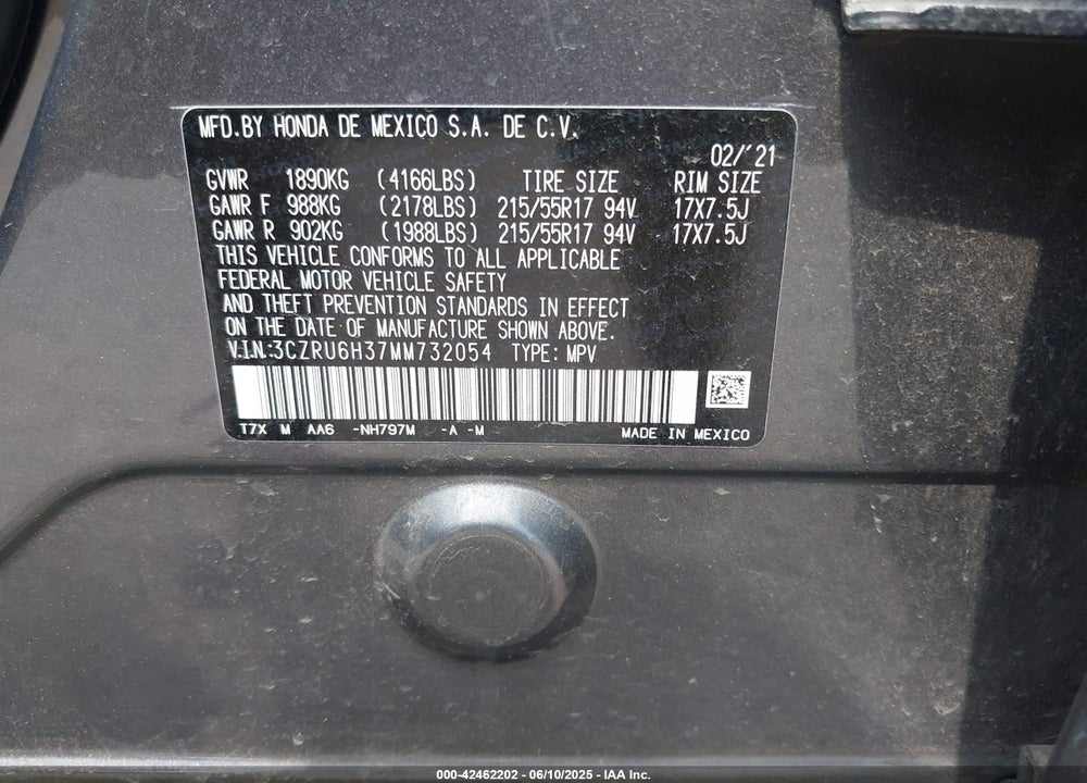 2021 HONDA HR-V VIN: 3CZRU6H37MM732054