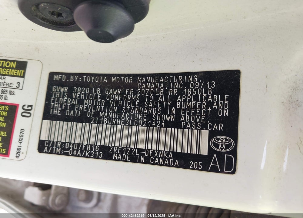 2014 TOYOTA COROLLA VIN: 2T1BURHE3EC021424
