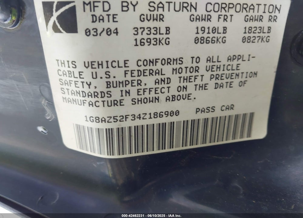 2004 SATURN ION 2 VIN: 1G8AZ52F34Z186900
