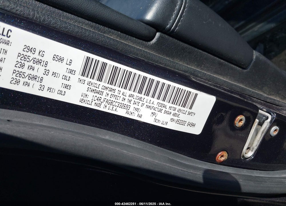 2012 JEEP GRAND CHEROKEE VIN: 1C4RJFAG8CC332693