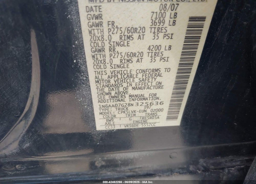 2008 NISSAN TITAN LE VIN: 1N6AA07G28N325636