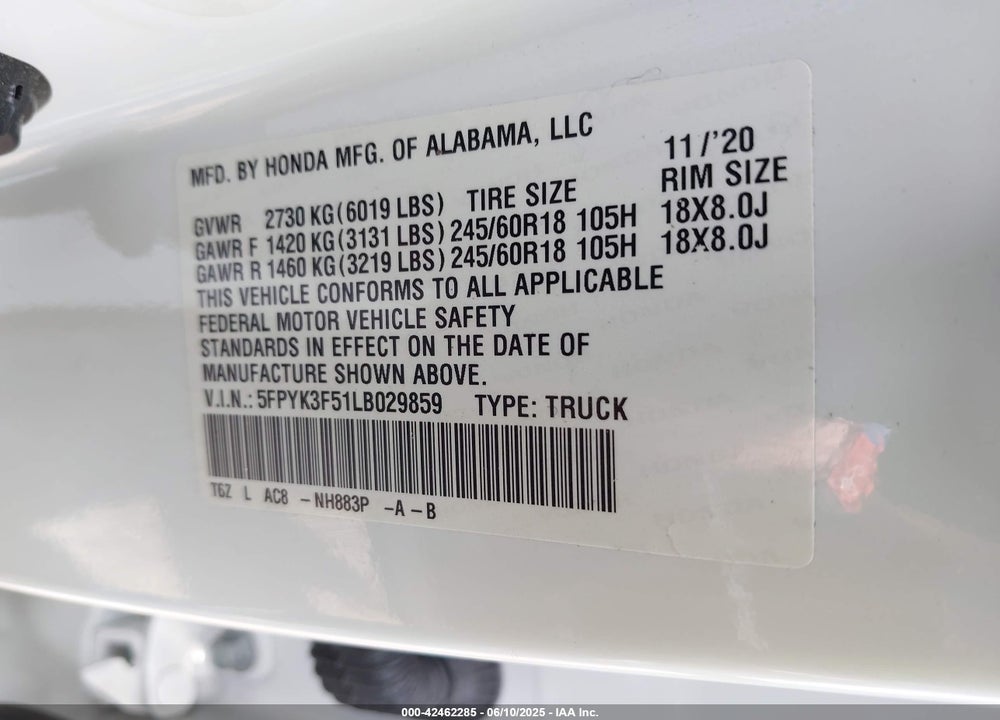 2020 HONDA RIDGELINE VIN: 5FPYK3F51LB029859