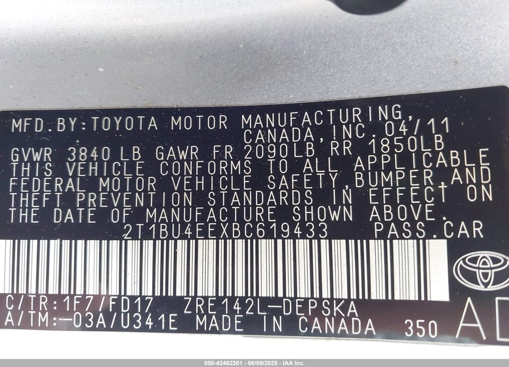 2011 TOYOTA COROLLA VIN: 2T1BU4EEXBC619433