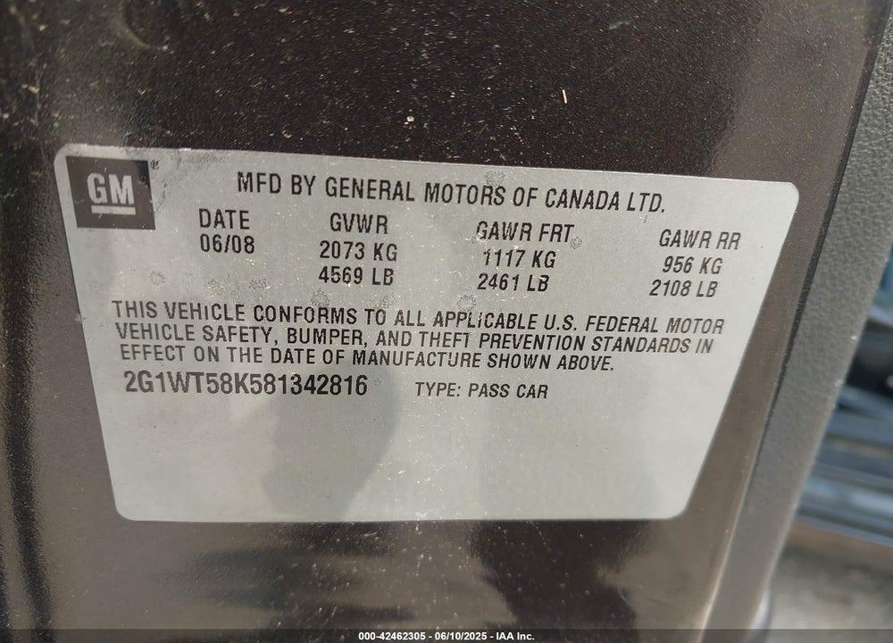 2008 CHEVROLET IMPALA VIN: 2G1WT58K581342816