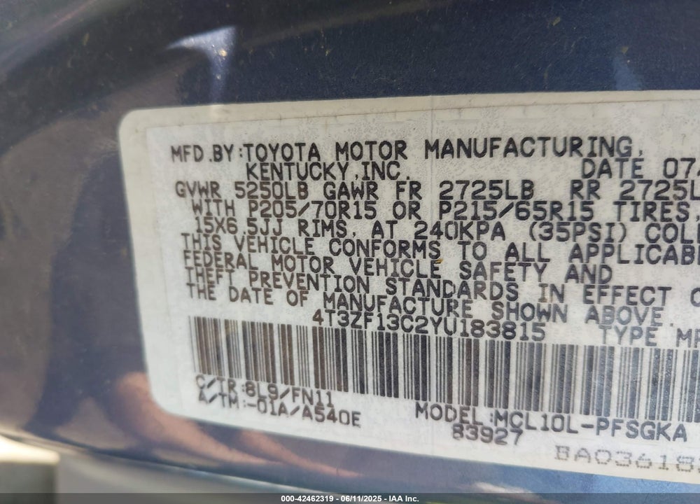 2000 TOYOTA SIENNA VIN: 4T3ZF13C2YU183815