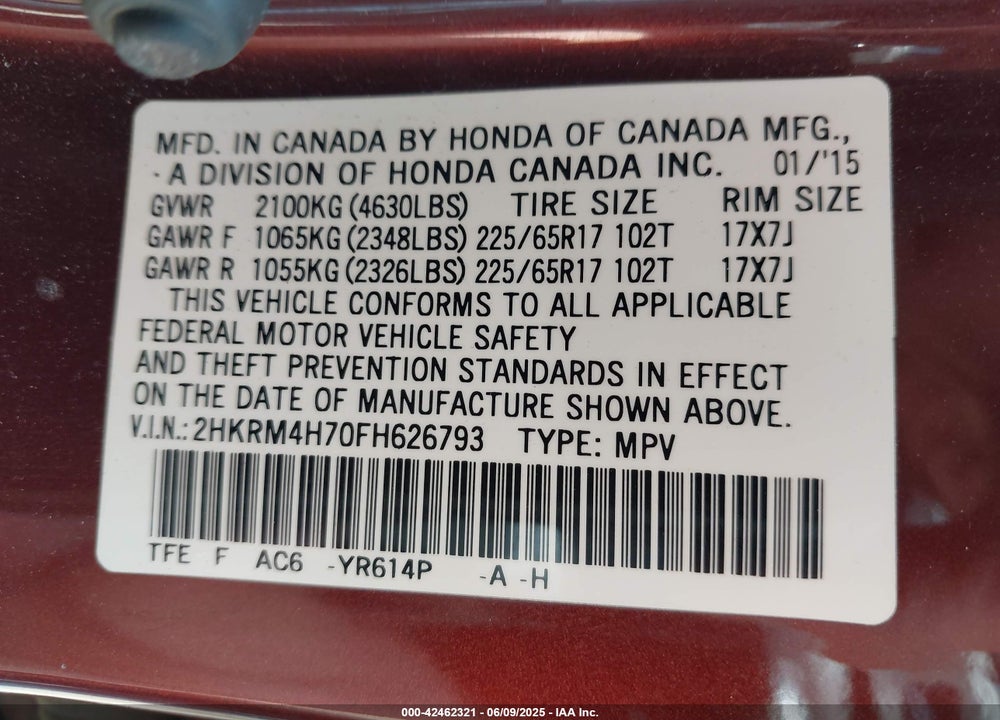 2015 HONDA CR-V VIN: 2HKRM4H70FH626793