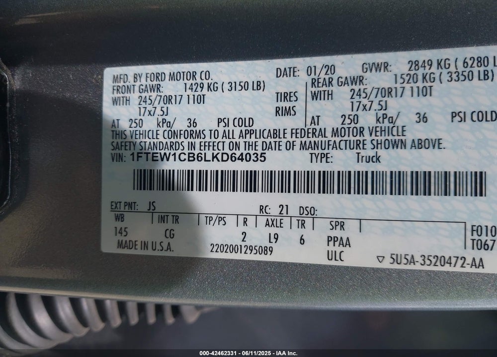2020 FORD F-150 XL VIN: 1FTEW1CB6LKD64035