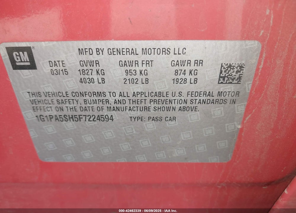 2015 CHEVROLET CRUZE VIN: 1G1PA5SH5F7224594
