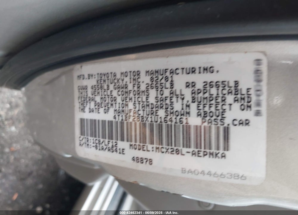 2001 TOYOTA AVALON VIN: 4T1BF28BX1U164161