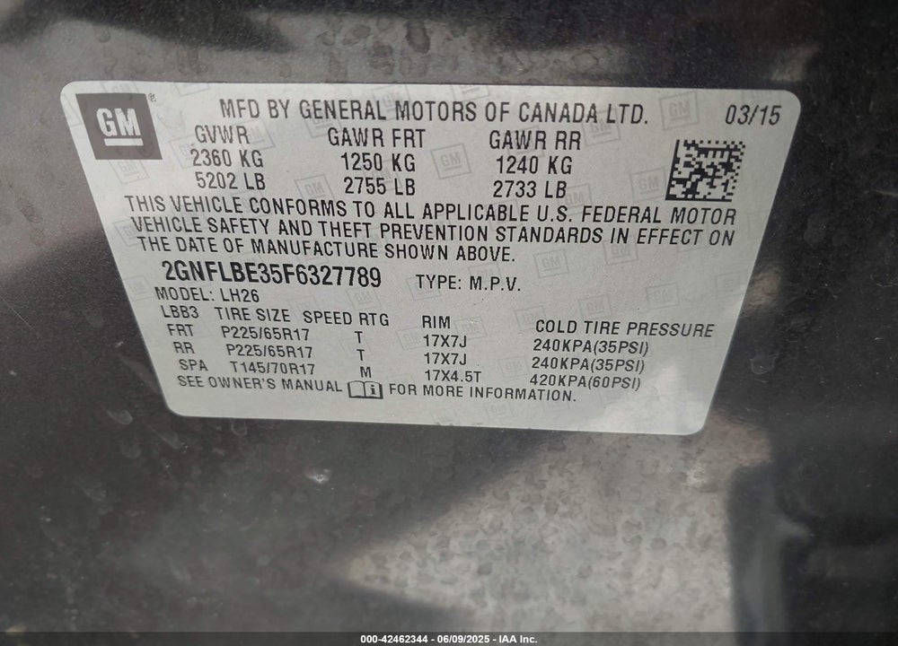 2015 CHEVROLET EQUINOX 1LT VIN: 2GNFLBE35F6327789
