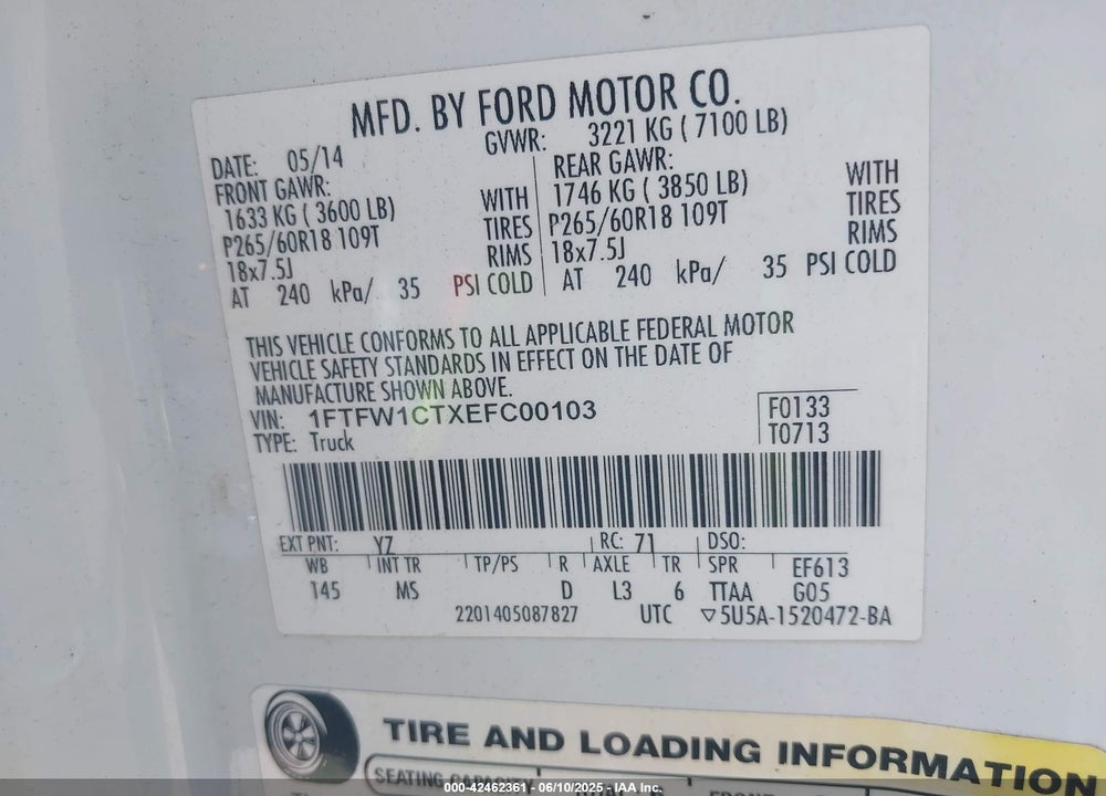 2014 FORD F-150 XLT VIN: 1FTFW1CTXEFC00103