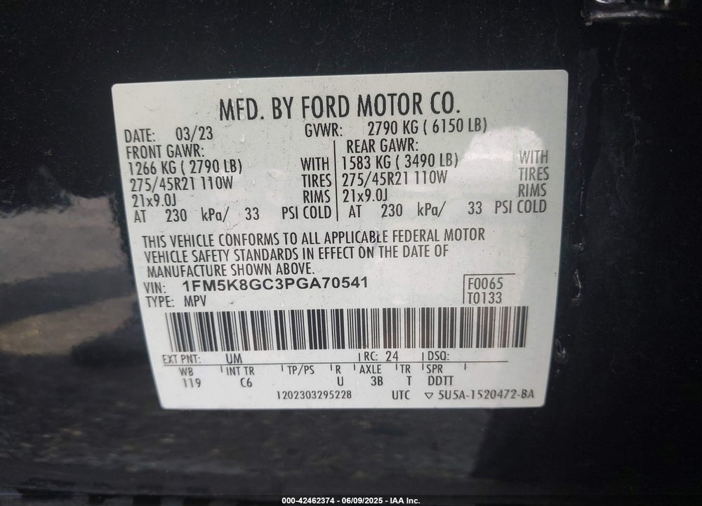 2023 FORD EXPLORER VIN: 1FM5K8GC3PGA70541