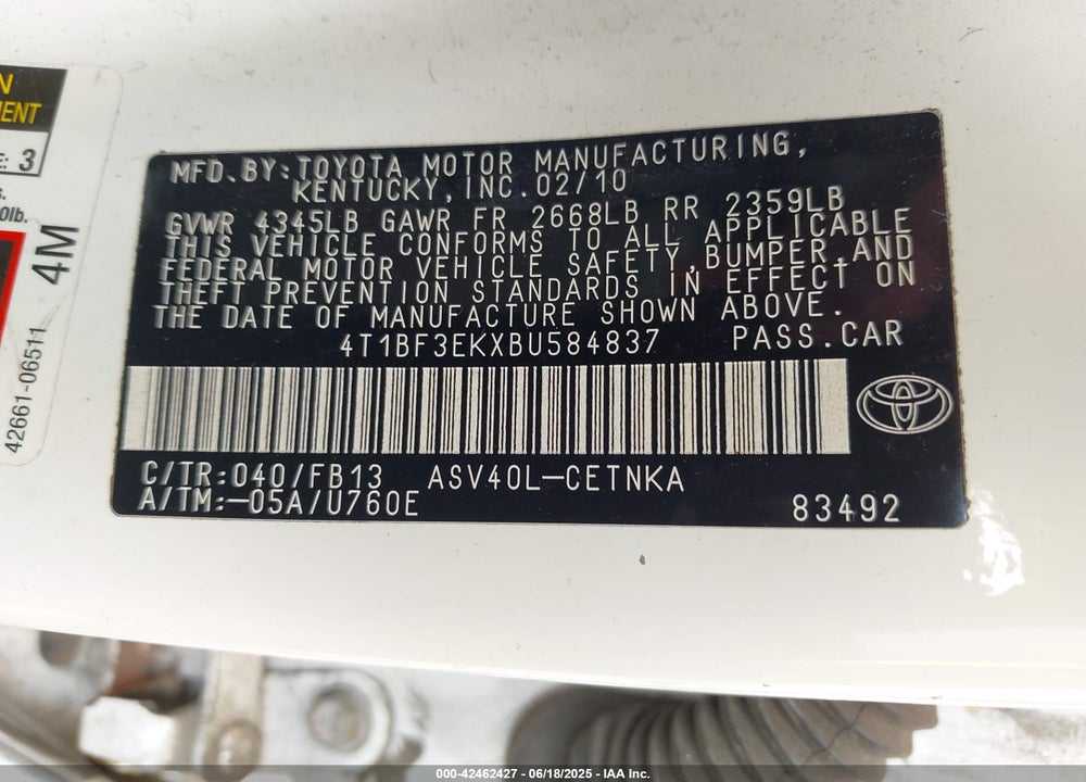 2011 TOYOTA CAMRY VIN: 4T1BF3EKXBU584837