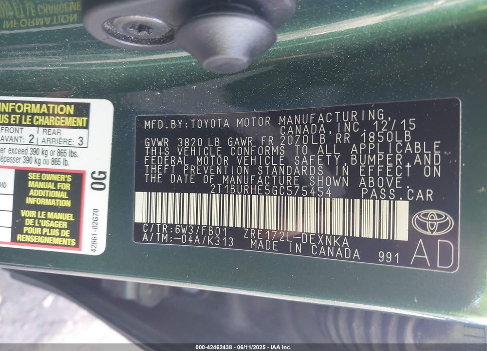 2016 TOYOTA COROLLA LE VIN: 2T1BURHE5GC575454