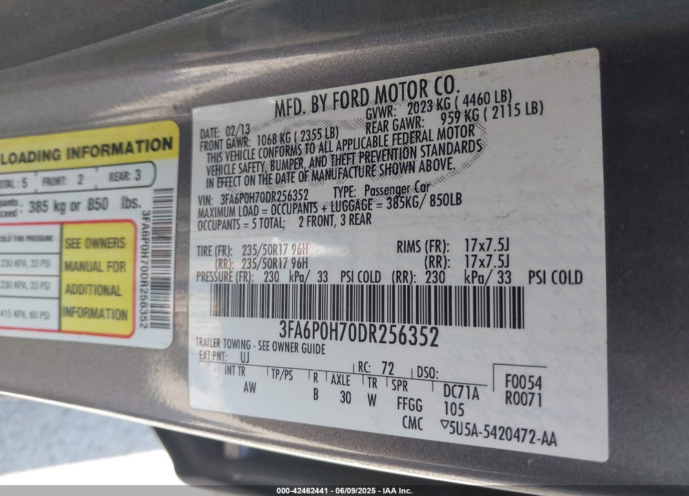 2013 FORD FUSION VIN: 3FA6P0H70DR256352