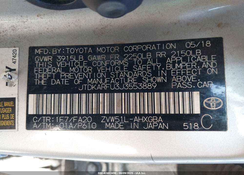 2018 TOYOTA PRIUS THREE VIN: JTDKARFU3J3553889