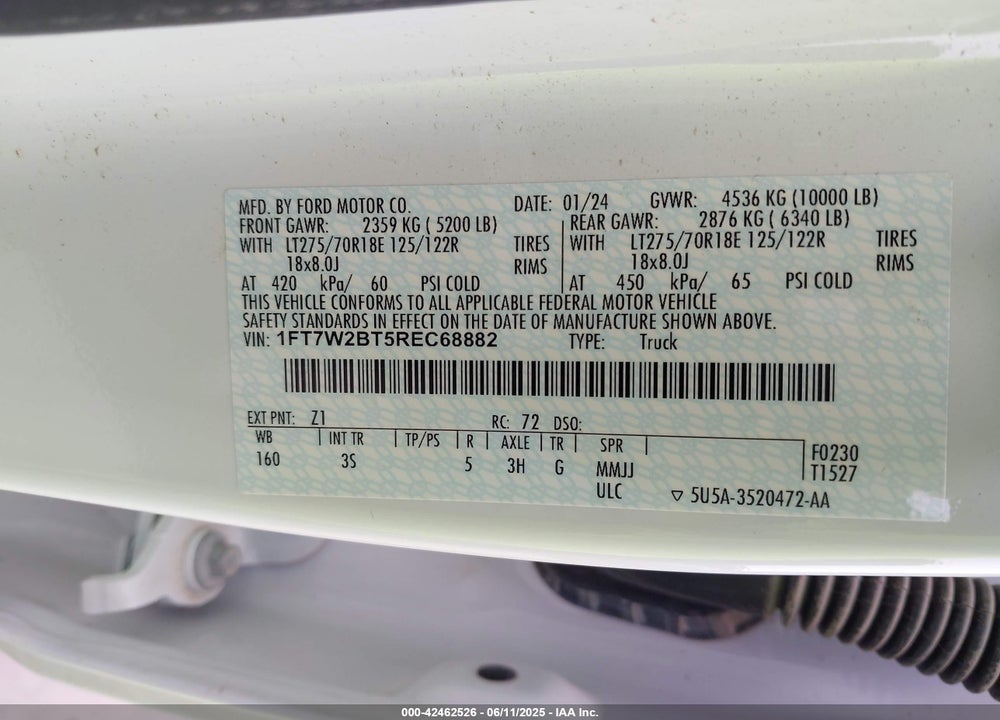 2024 FORD F250 VIN: 1FT7W2BT5REC68882