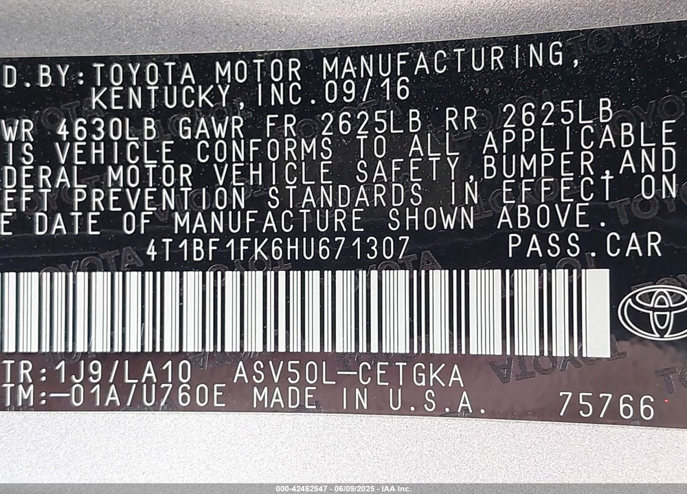 2017 TOYOTA CAMRY XLE VIN: 4T1BF1FK6HU671307
