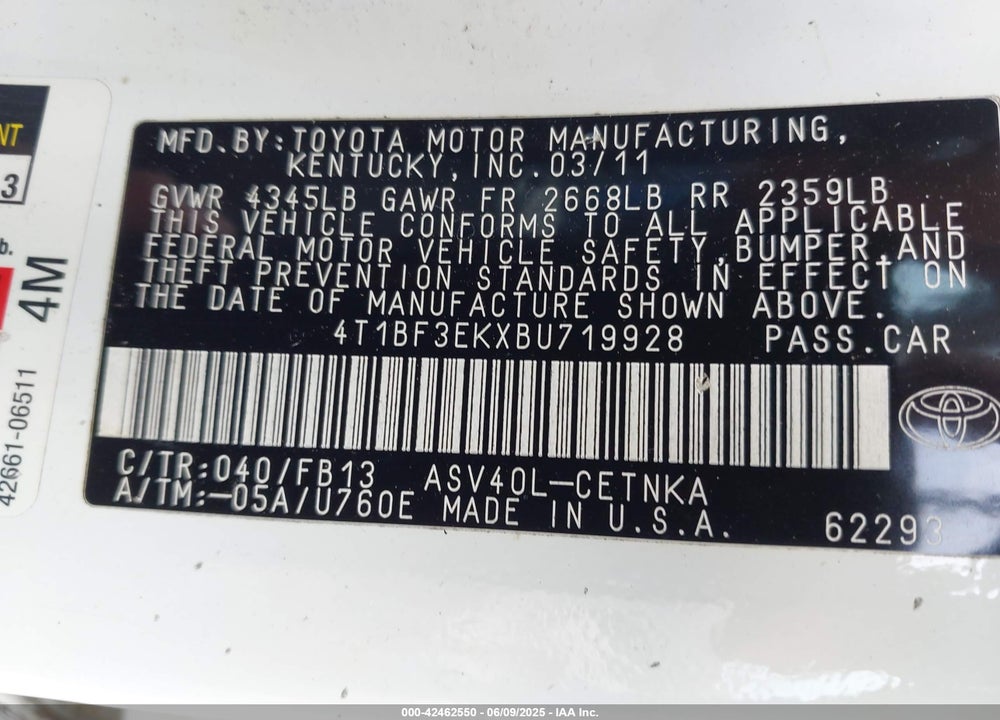 2011 TOYOTA CAMRY VIN: 4T1BF3EKXBU719928