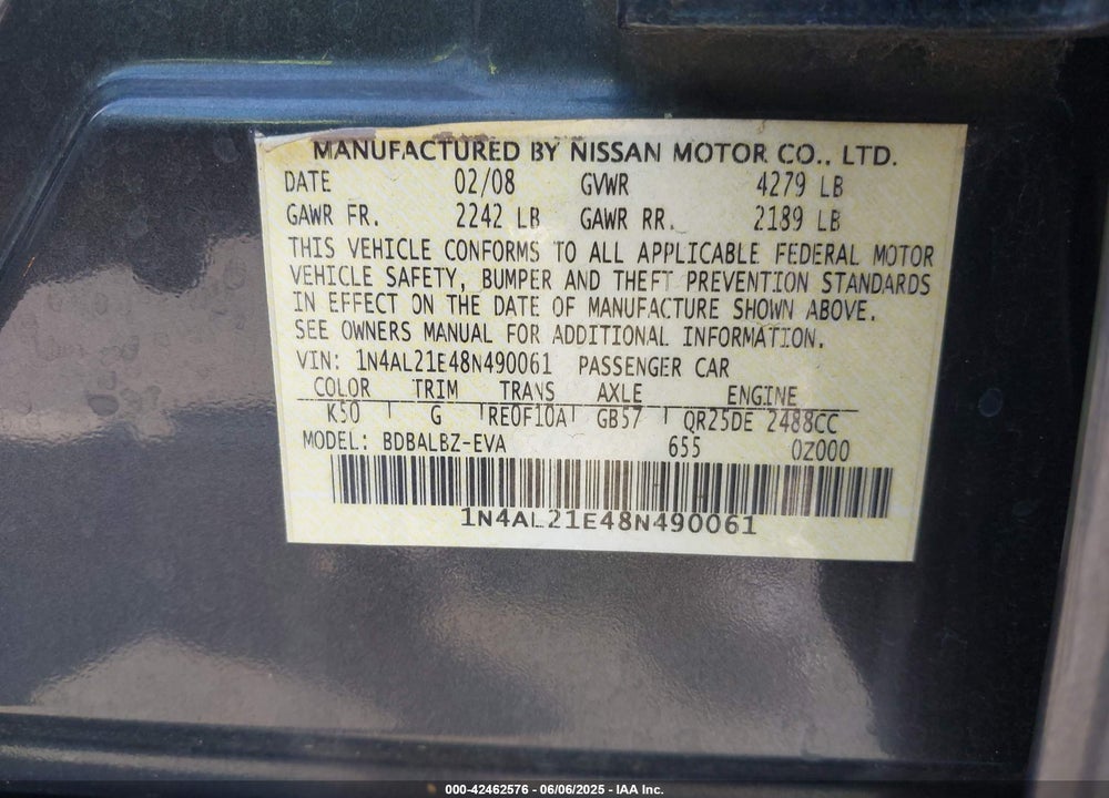 2008 NISSAN ALTIMA 2.5 S VIN: 1N4AL21E48N490061