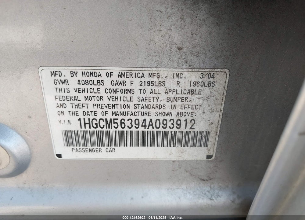 2004 HONDA ACCORD 2.4 LX VIN: 1HGCM56394A093912