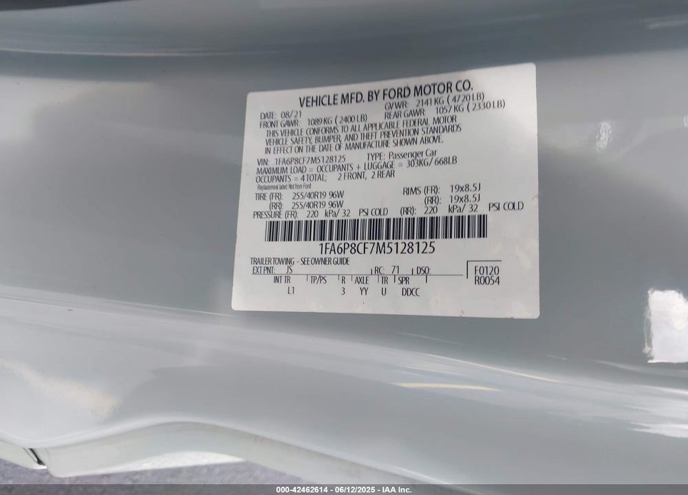 2021 FORD MUSTANG VIN: 1FA6P8CF7M5128125