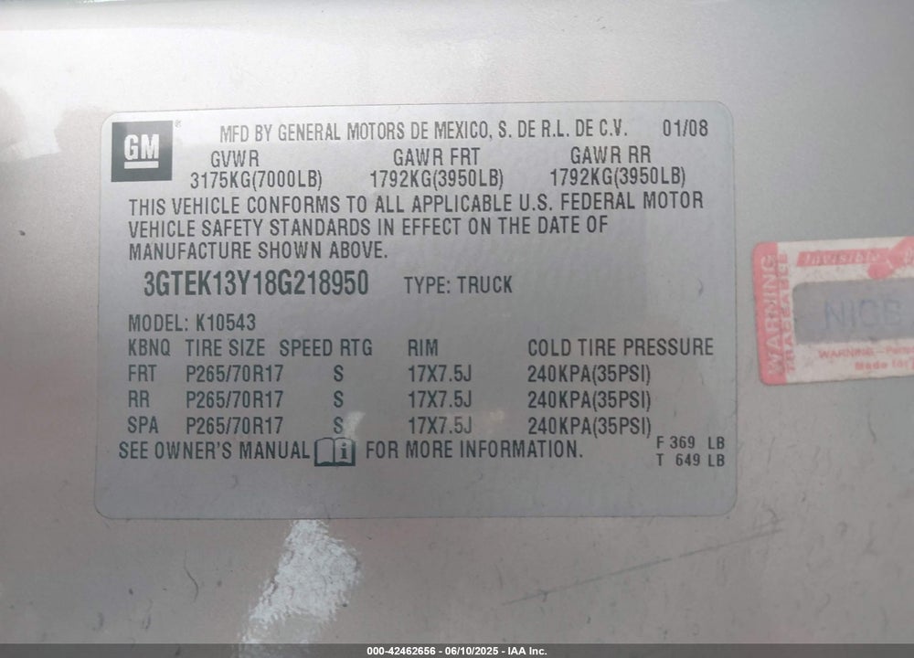 2008 GMC SIERRA 1500 SLE1 VIN: 3GTEK13Y18G218950