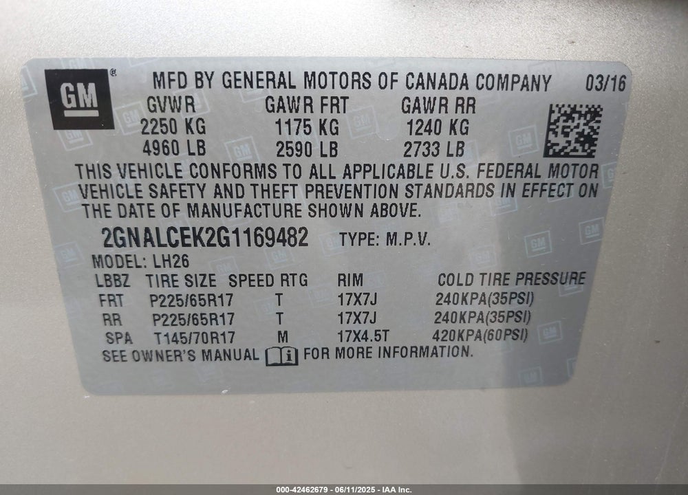 2016 CHEVROLET EQUINOX VIN: 2GNALCEK2G1169482