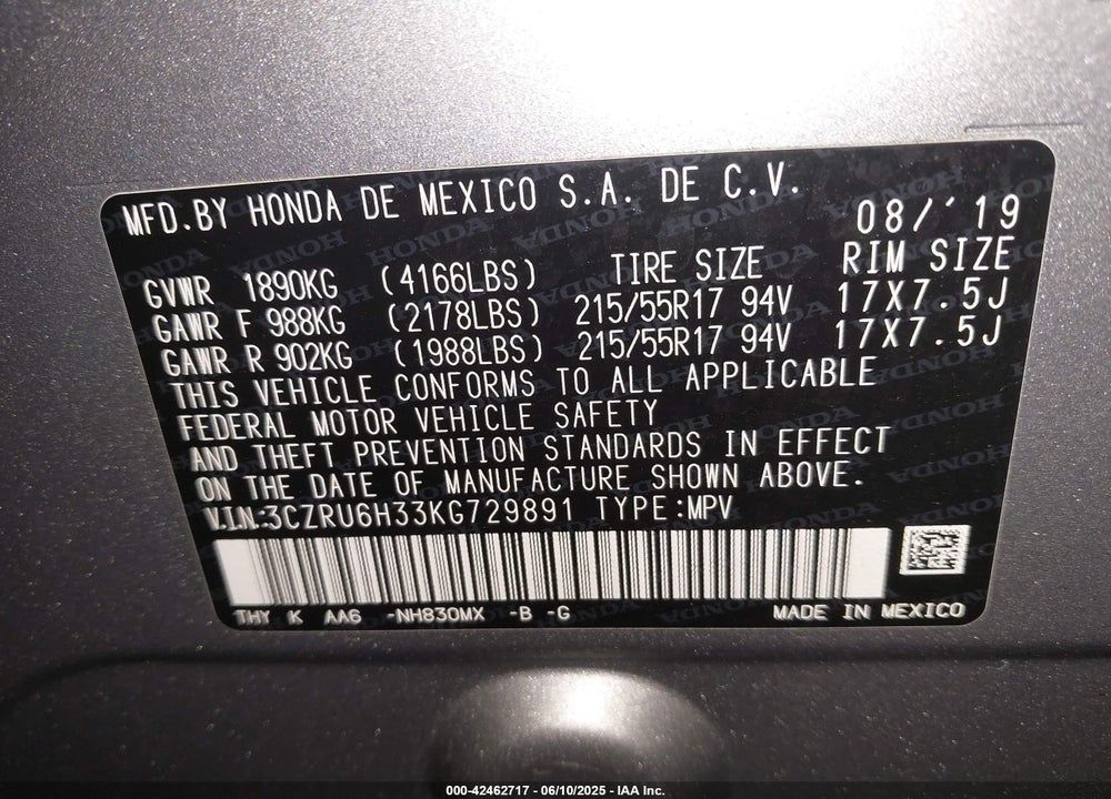 2019 HONDA HR-V VIN: 3CZRU6H33KG729891