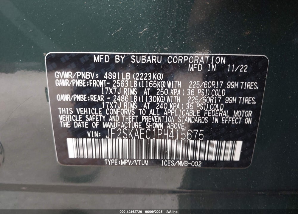 2023 SUBARU FORESTER VIN: JF2SKAEC1PH415675
