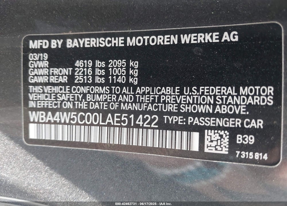 2020 BMW 430I VIN: WBA4W5C00LAE51422
