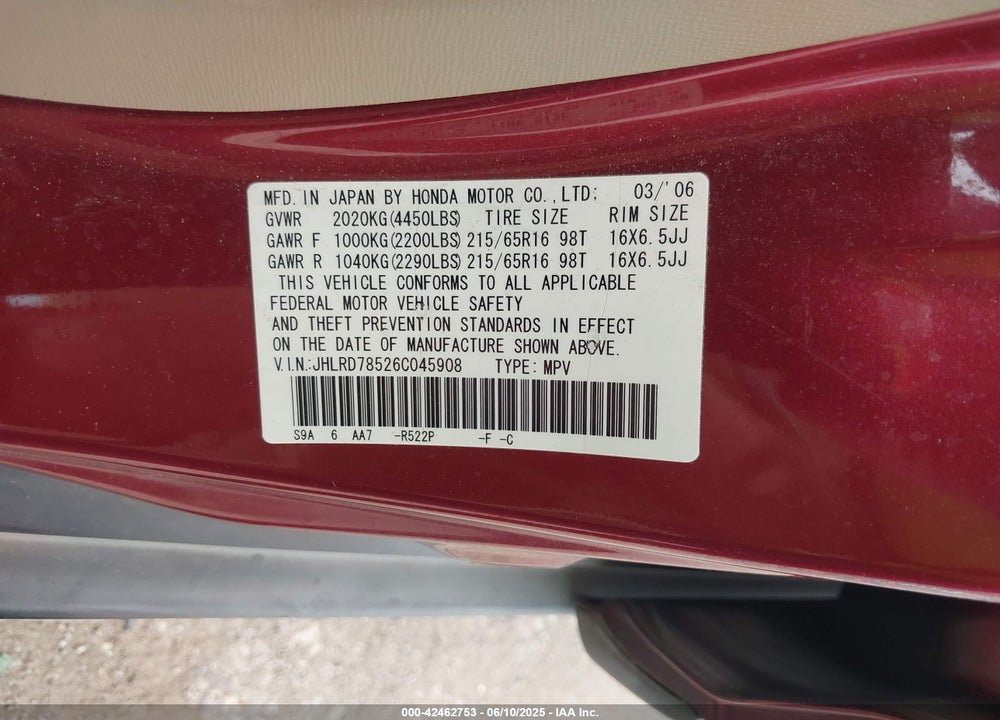 2006 HONDA CR-V VIN: JHLRD78526C045908