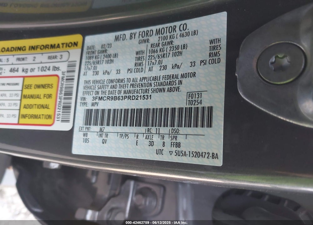 2023 FORD BRONCO SPORT VIN: 3FMCR9B63PRD21531