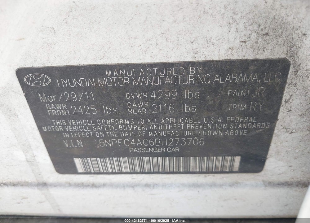 2011 HYUNDAI SONATA VIN: 5NPEC4AC6BH273706