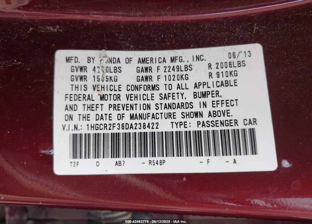 2013 HONDA ACCORD VIN: 1HGCR2F36DA238422