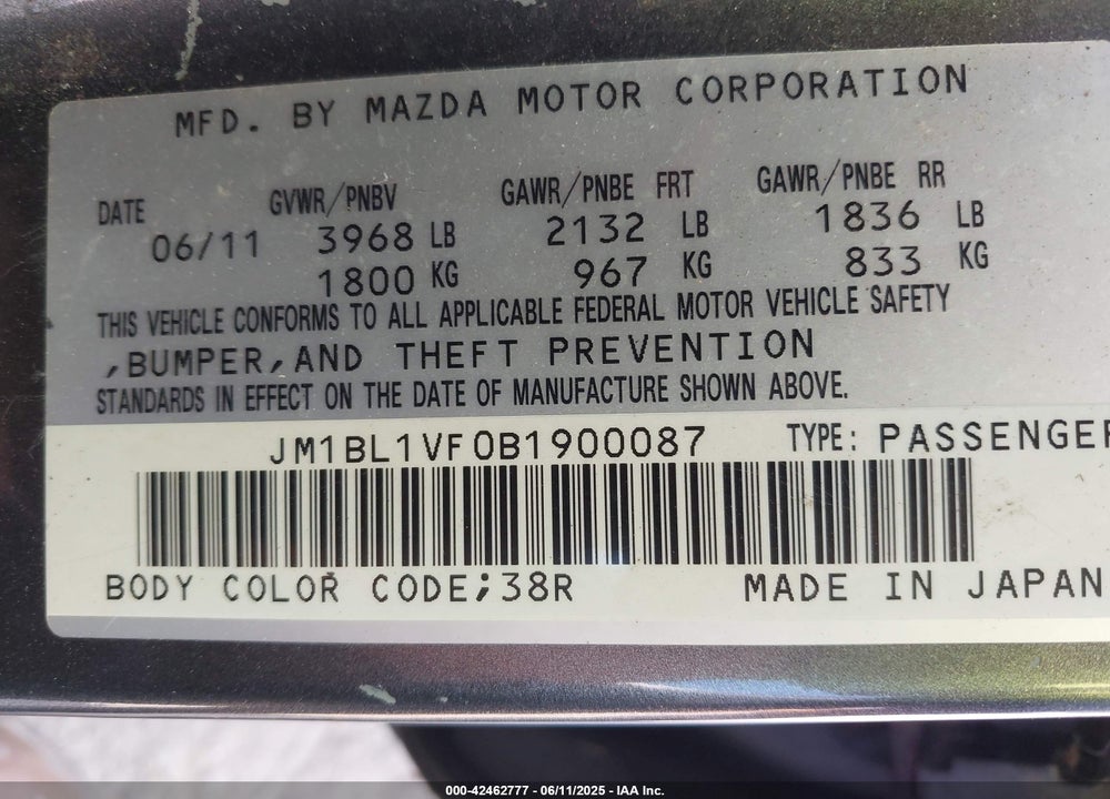 2011 MAZDA 3 I TOURING VIN: JM1BL1VF0B1900087