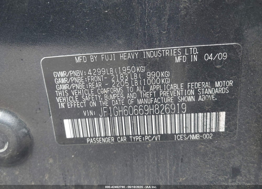 2009 SUBARU IMPREZA VIN: JF1GH60669H826919