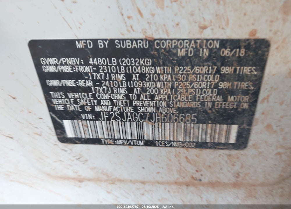 2018 SUBARU FORESTER VIN: JF2SJAGC7JH606685