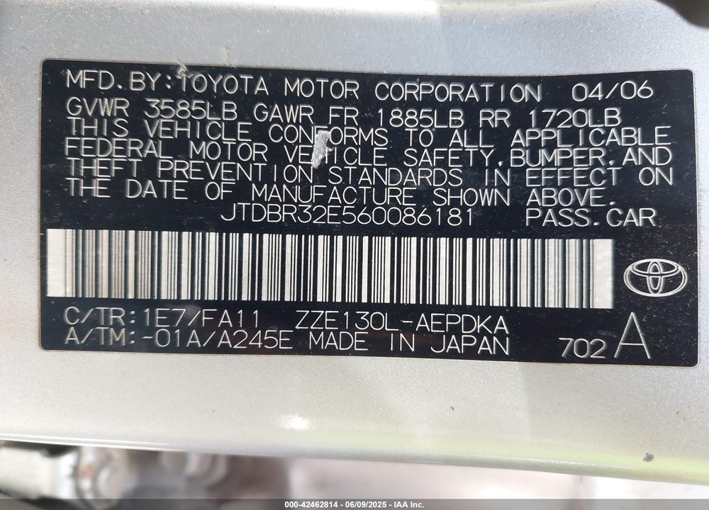 2006 TOYOTA COROLLA CE VIN: JTDBR32E560086181