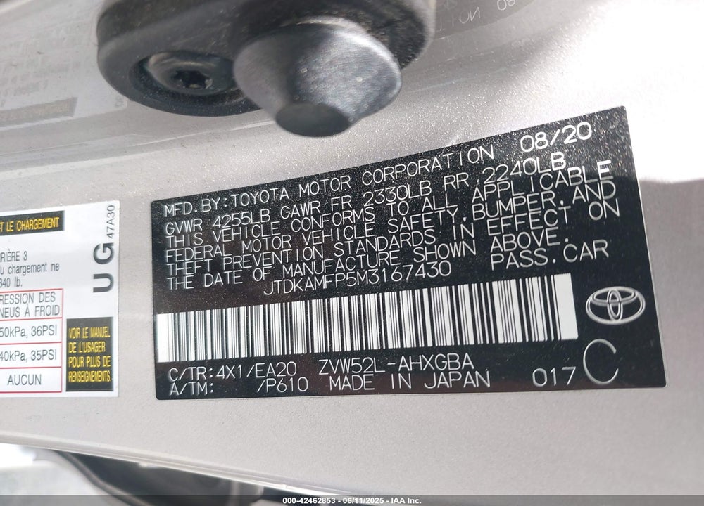 2021 TOYOTA PRIUS PRIME LIMITED VIN: JTDKAMFP5M3167430