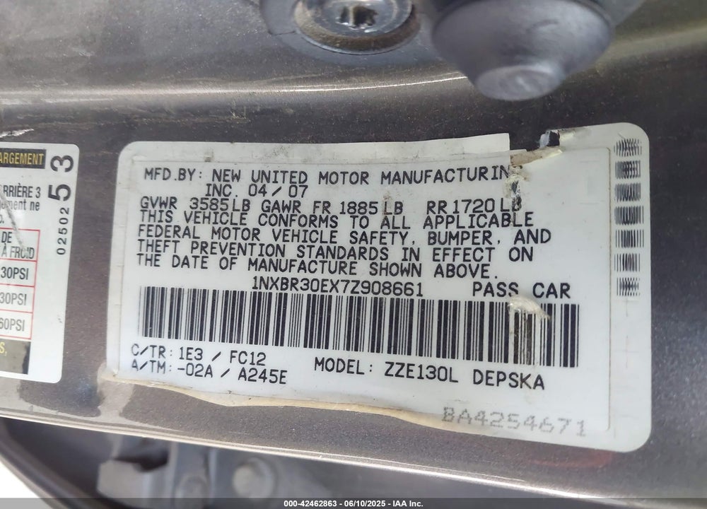 2007 TOYOTA COROLLA S VIN: 1NXBR30EX7Z908661