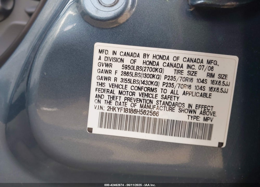 2006 HONDA PILOT VIN: 2HKYF18186H562566