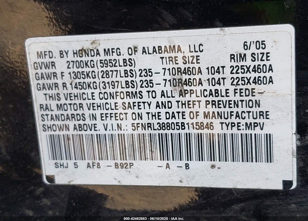 2005 HONDA ODYSSEY TOURING VIN: 5FNRL38805B115846